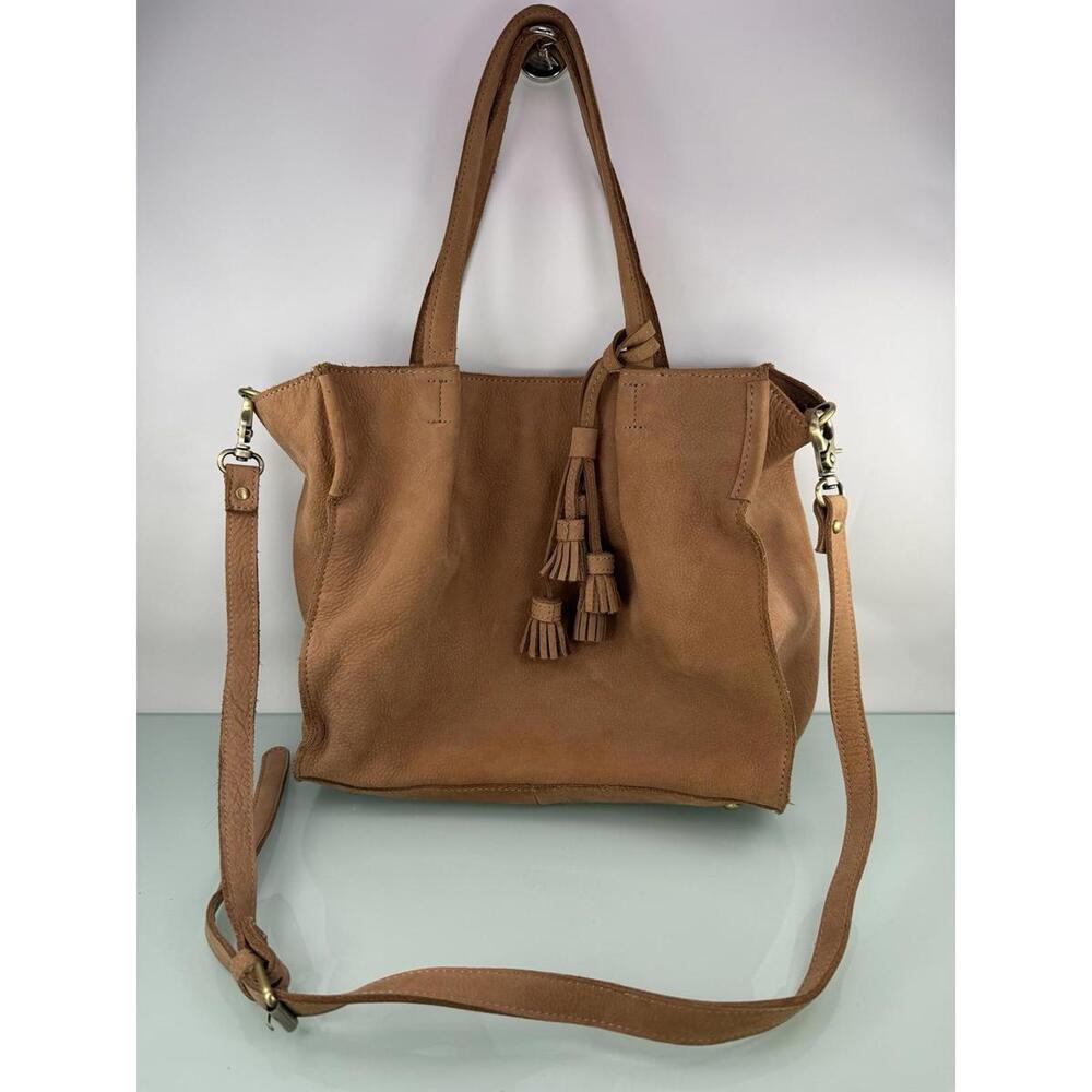 Anthropologie Mrs. Albright Soft Leather Tassel Tote Cognac Slouchy Crossbody